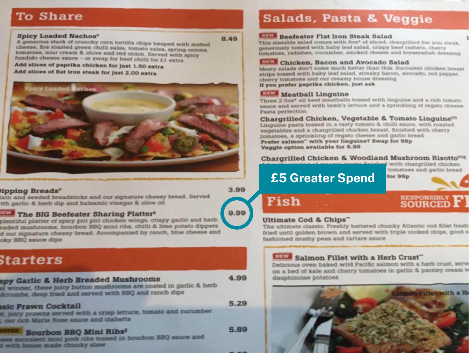 Menu indicating prices using decimal points to get a £5 greater spend.